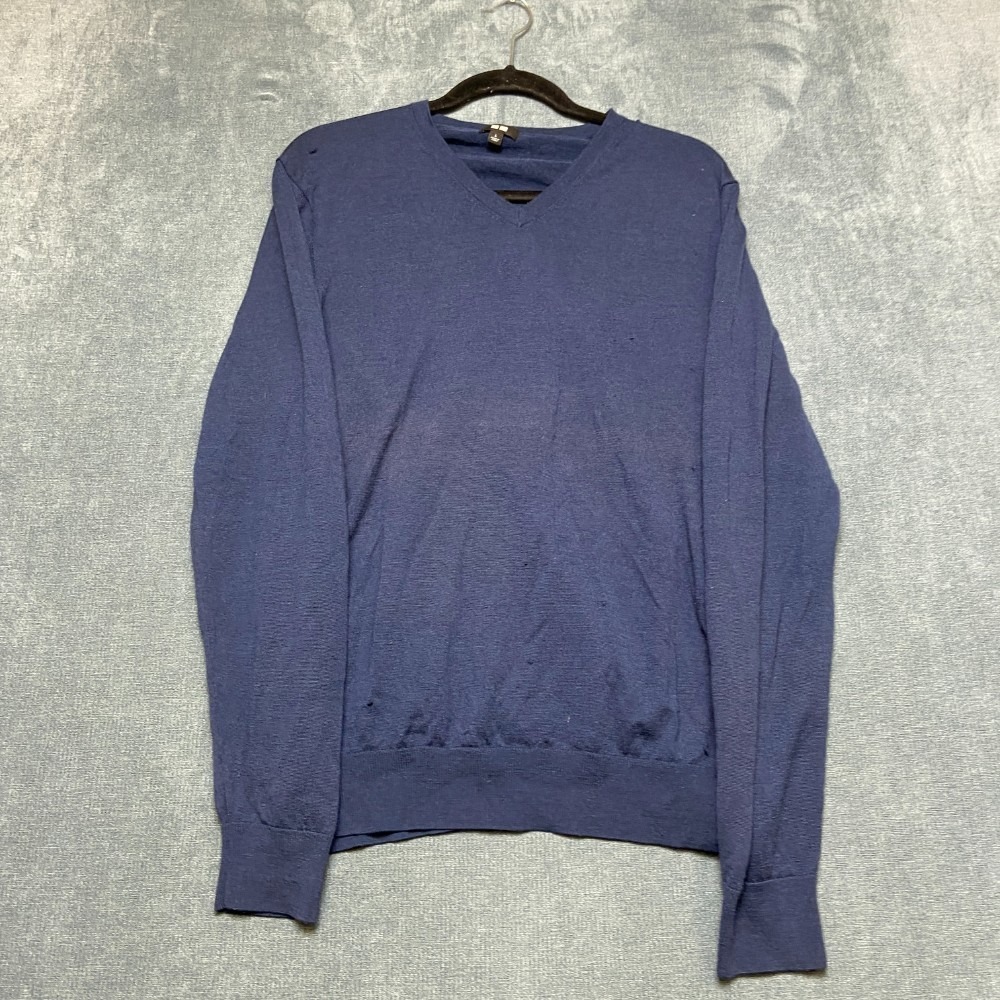 Uniqlo Sweater Mens Large Blue V Neck Wool Lightweight Knit Long Sleeve Pullover